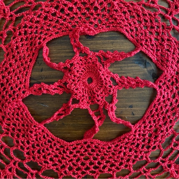 Collectible Beautiful Handmade Crocheted Doily Red Cottagecore Christmas 18" - Picture 2 of 5